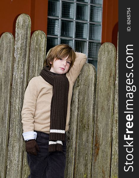 Cute young autumn boy standing near a fence. Cute young autumn boy standing near a fence