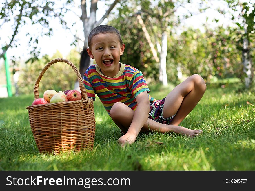 Little boy with apples outdoors