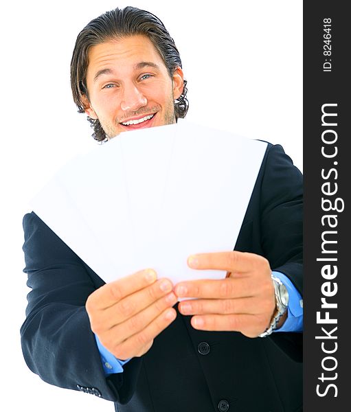 Happy business male showing blank empty card. Happy business male showing blank empty card