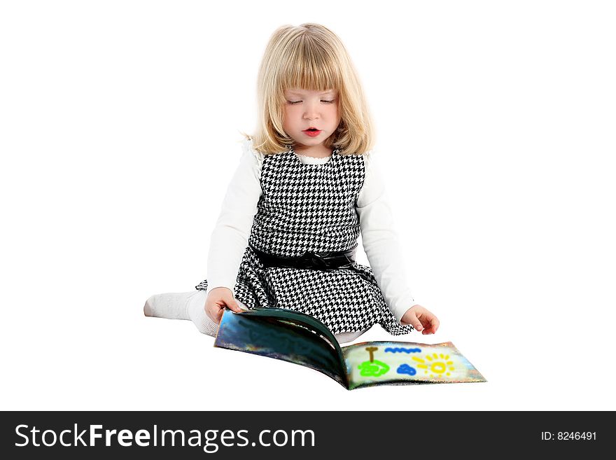 Girl with book isolated on white