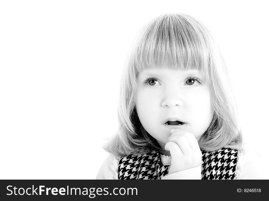 Thinking little girl looking up isolated on white
