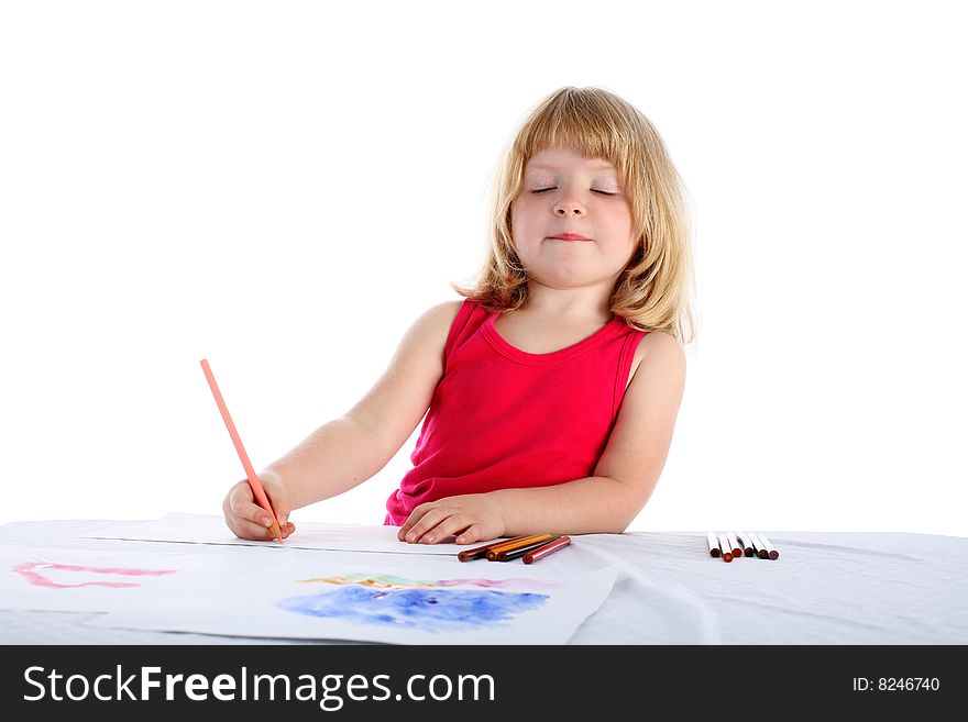 Girl draw a picture isolated on white. Girl draw a picture isolated on white