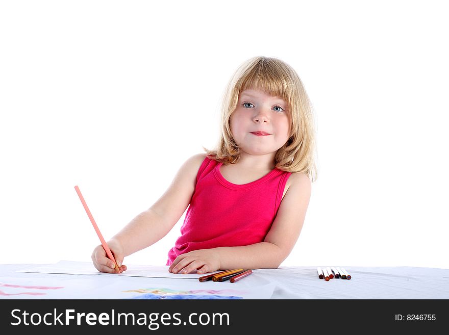 Girl draw a picture isolated on white. Girl draw a picture isolated on white