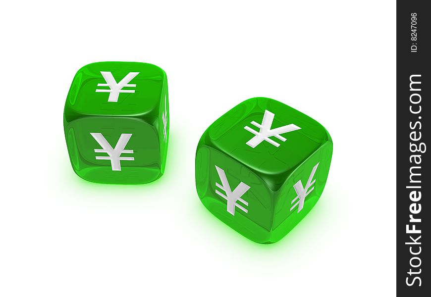 Pair of translucent green dice with yen sign isolated on white background