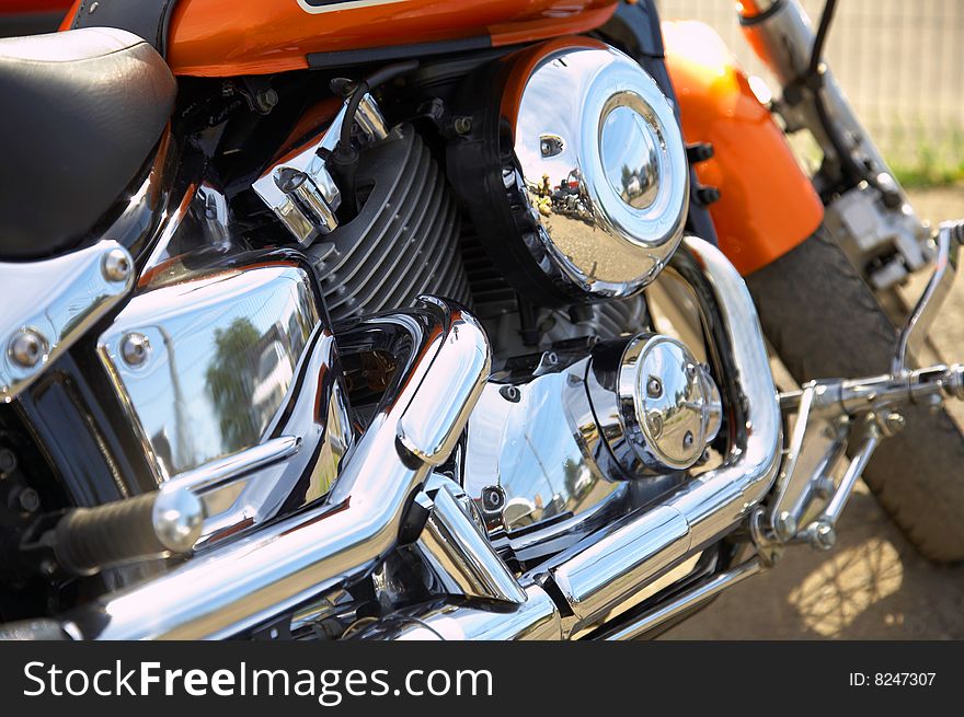 Engine of motorcycle with chromium cylinders. Engine of motorcycle with chromium cylinders