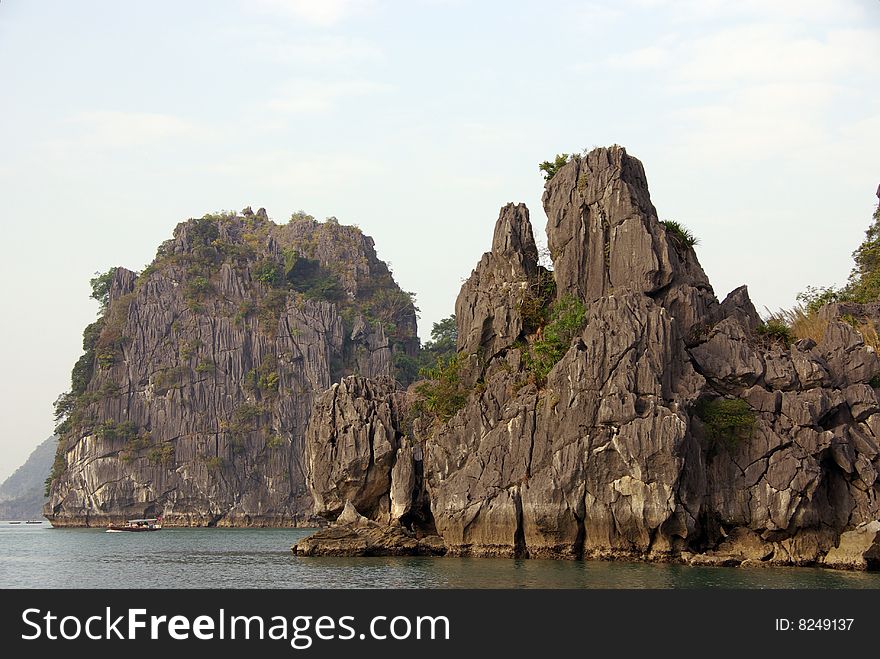 The limestone islands in Halong bay in Vietnam