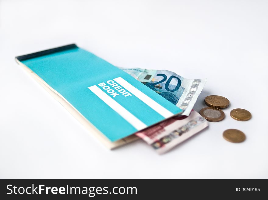 Credit book with euro notes and coins. Credit book with euro notes and coins