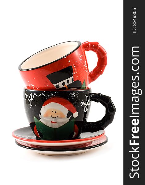 Cristmas, cups and saucer, amusing, insulated on white background
