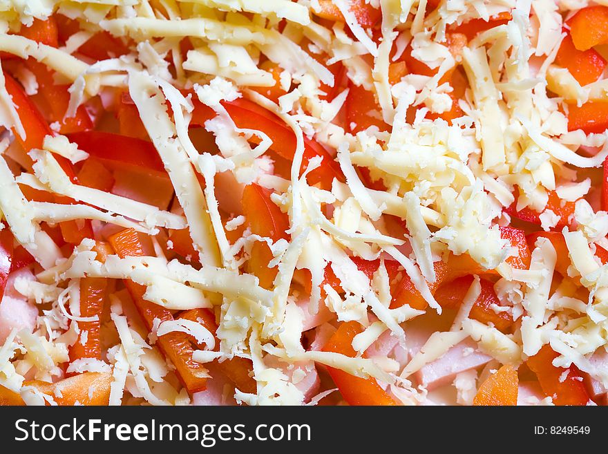 Stock photo: an image of a background of food: sausage, paprika and cheese