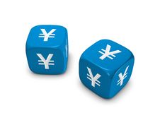 Pair Of Blue Dice With Yen Sign Stock Images