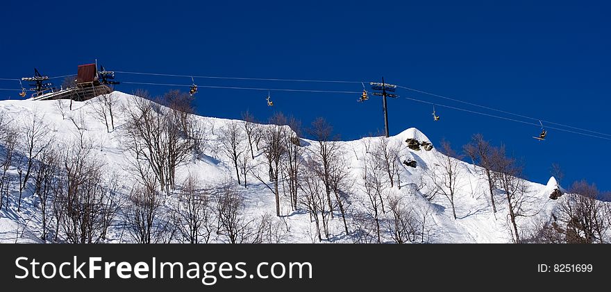 Ski resort. view on the slope with cableway