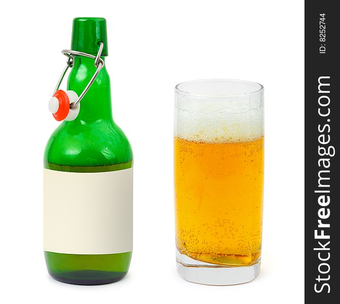 Bottle and glass of beer isolated on white background
