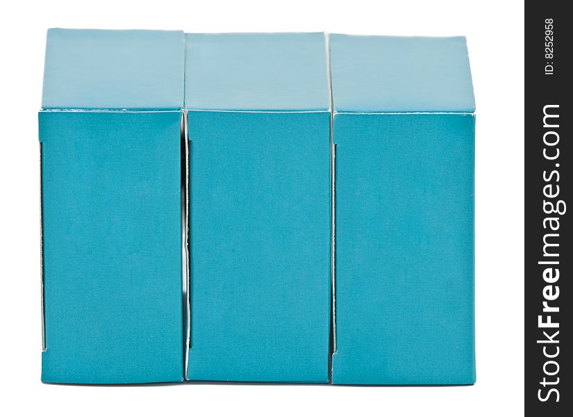 Three blue drug boxes isolated against a white background.