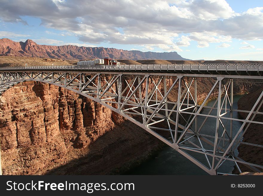 Navajo Bridge over the Colorado River and a truck driving