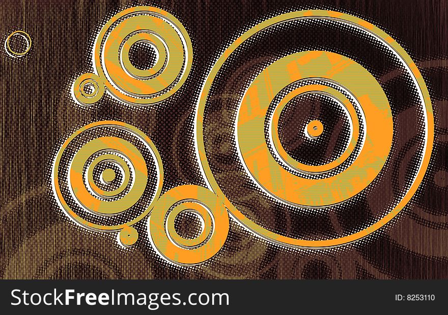 Grunge style Illustration of colored Circles. With Scratches and Dots.