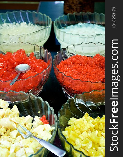 Buffet of colorful asian refreshment dessert on the table. Buffet of colorful asian refreshment dessert on the table
