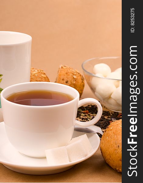 Cup of tea, mozzarella and bread closeup