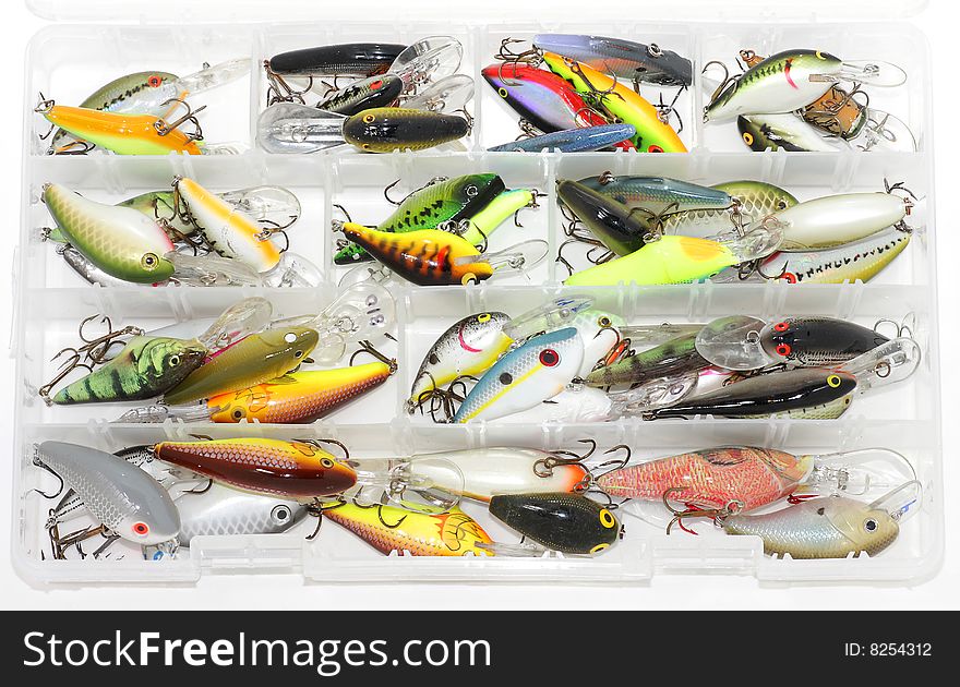 A tackle box full of assorted crankbaits