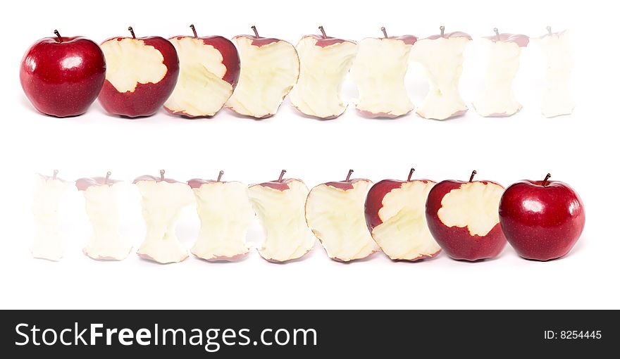 Nine stages of a red apple being eaten. Nine stages of a red apple being eaten