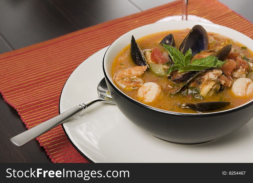 Bowl of Mussel, Shrimp and Scallop Soup. Bowl of Mussel, Shrimp and Scallop Soup