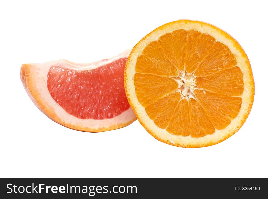 Wonderful segments of orange and grapefruit isolated on a white background. Wonderful segments of orange and grapefruit isolated on a white background.
