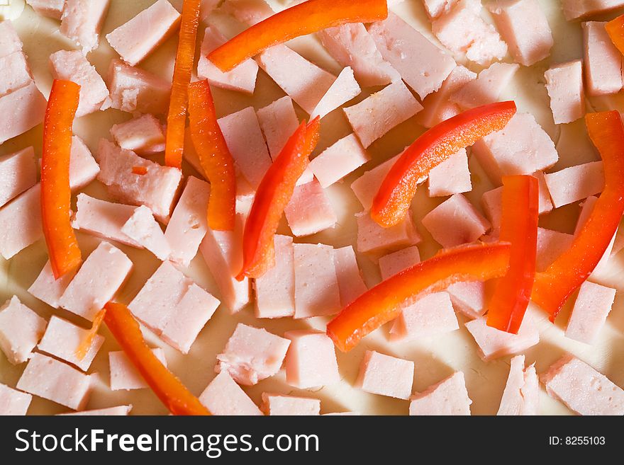 Stock photo: an image of a background of food: sausage and paprika