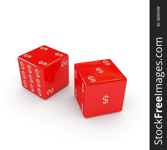 Playing six-sided red dices with dollar sign 3d