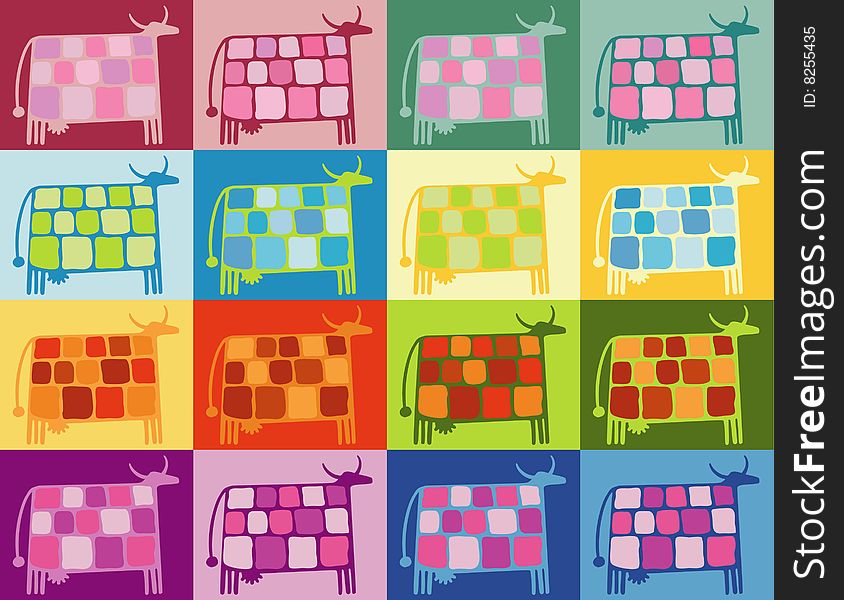 Multicolored cows for backgrounds, t-shots, postcards, magnets, etc. Multicolored cows for backgrounds, t-shots, postcards, magnets, etc.