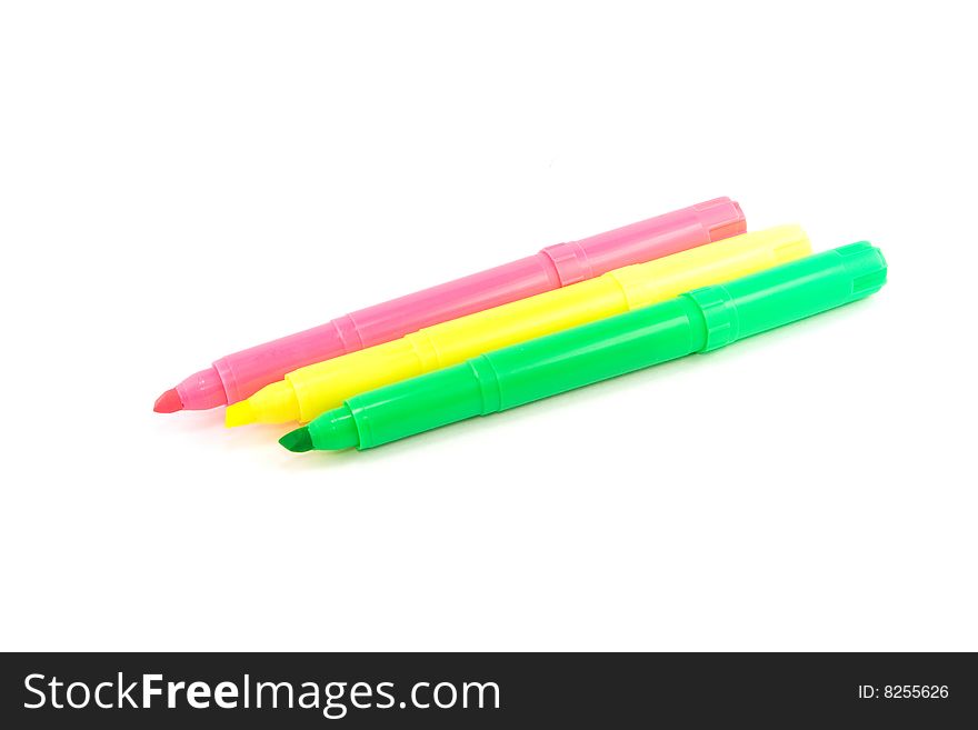 Four highlighter marker pens isolated on white background. Four highlighter marker pens isolated on white background