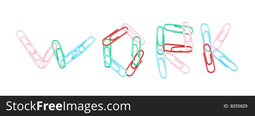 Many paperclips on the white background