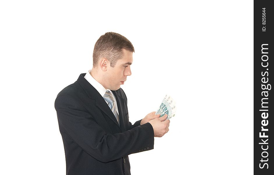 Thoughtful young man on white background