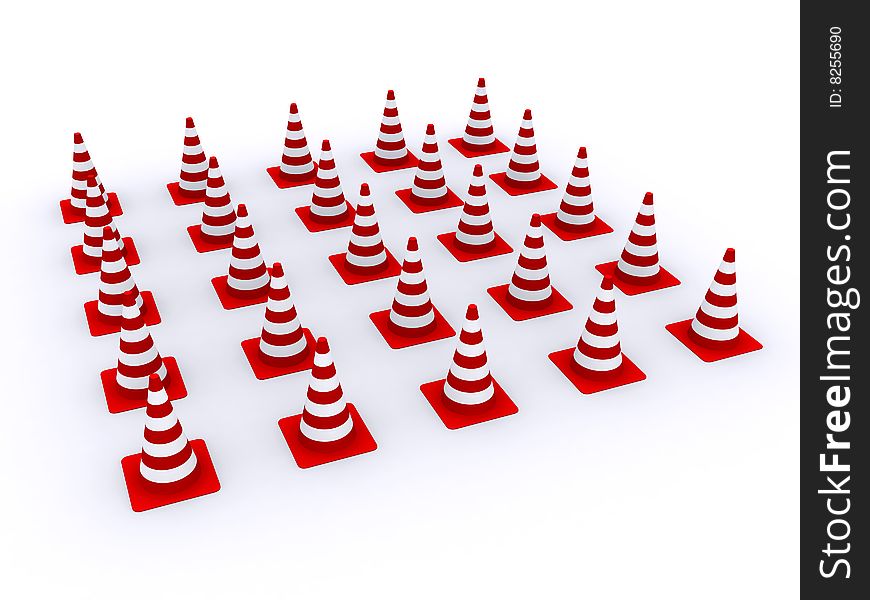 Road red-white cones on a white background. Road red-white cones on a white background