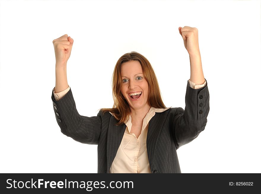 Young business woman, gesturing success,isolated over white.