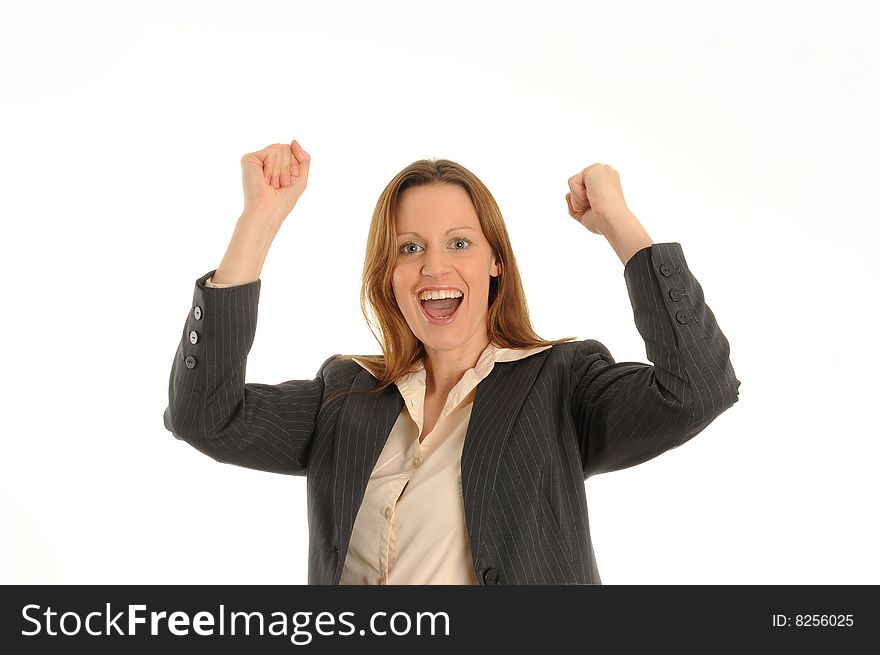 Young business woman, gesturing success,isolated over white.
