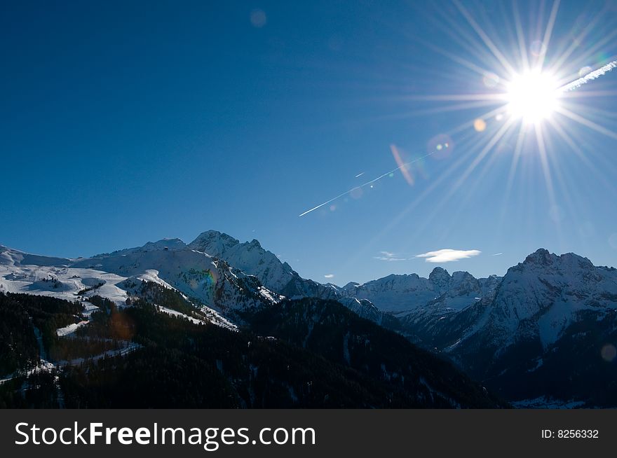 Panoramic View Of Italian Dolomites Covered By Sno