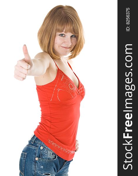 Portrait of young woman giving the thumbs-up. Isolated on white background