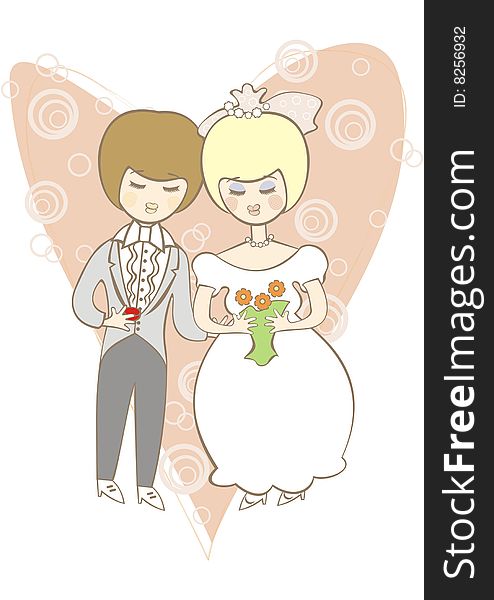 The bride and groom in pastel colors on the background of the heart. The bride and groom in pastel colors on the background of the heart