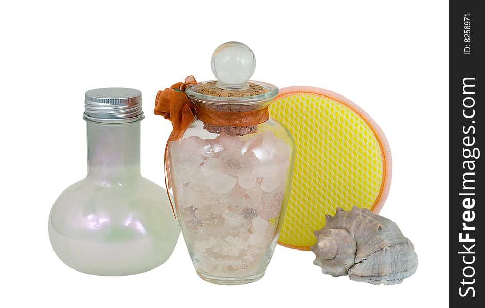 A close-up of the perfumery for bath (aromatic salt, foam) and facecloth and shell. A close-up of the perfumery for bath (aromatic salt, foam) and facecloth and shell.
