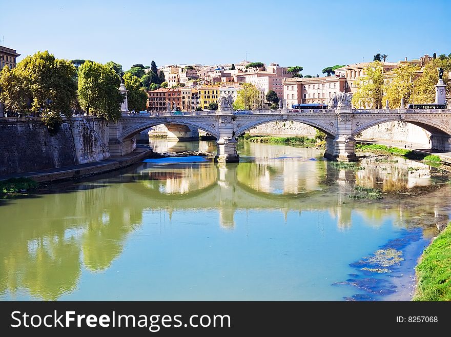Famous Bridge Ponte Vittorio Emanuele II over Tiber, Rome