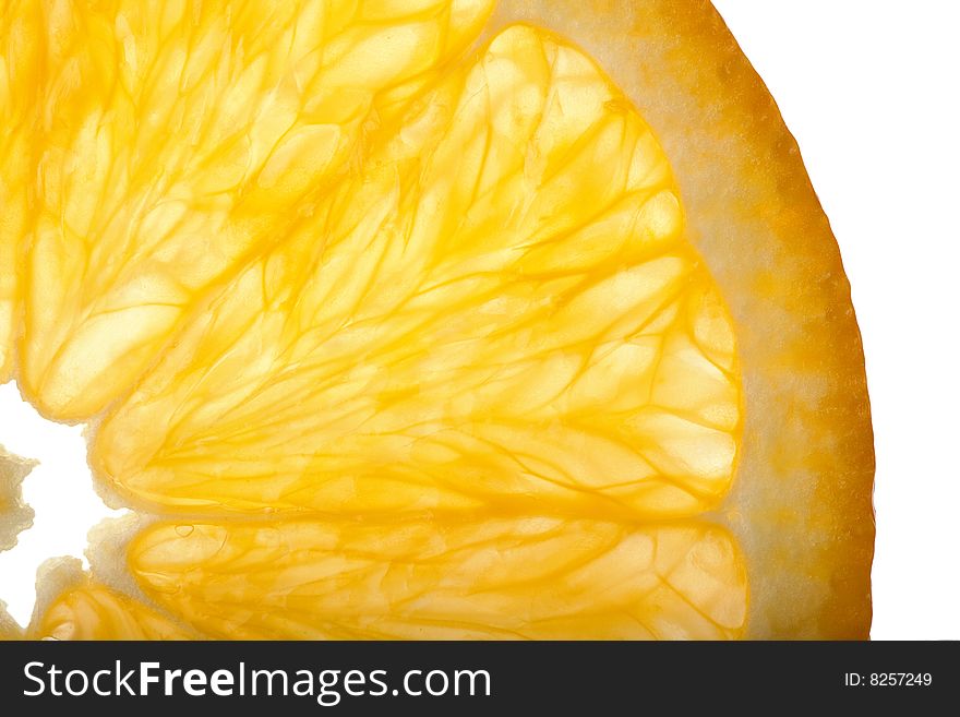 Partial cross section of a slice of an orange fruit. Partial cross section of a slice of an orange fruit