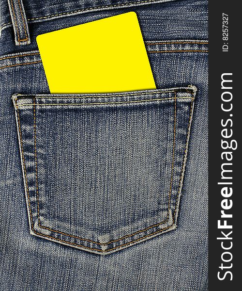 Jean back pocket and yellow empty card. Jean back pocket and yellow empty card
