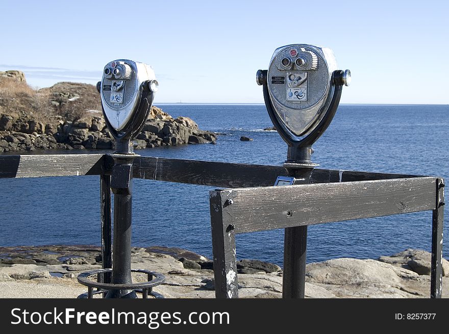 Photo of a pair of viewers used to see the far away coastline. Soheir Park, Nubble Light, York, ME. Photo of a pair of viewers used to see the far away coastline. Soheir Park, Nubble Light, York, ME