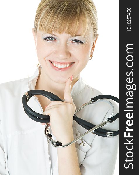 Young female doctor. Isolated on white background