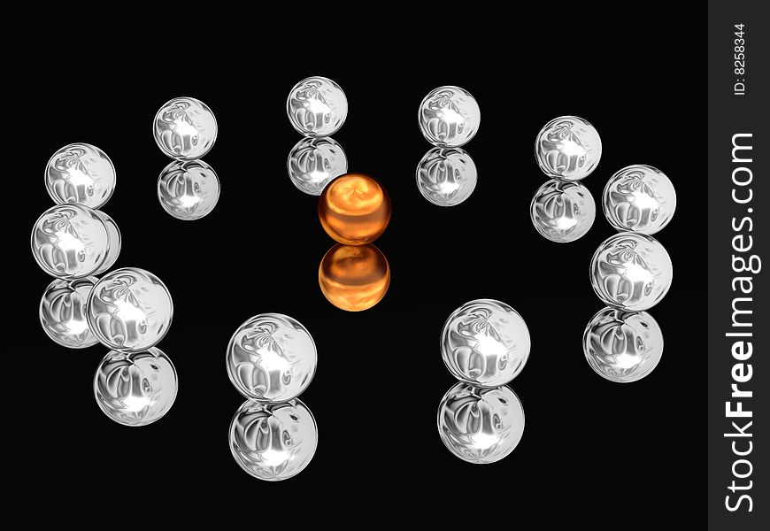 Silver spheres laid out on a circle on the glass. Silver spheres laid out on a circle on the glass.