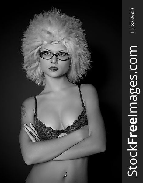 Attractive girl in glasses, grayscale