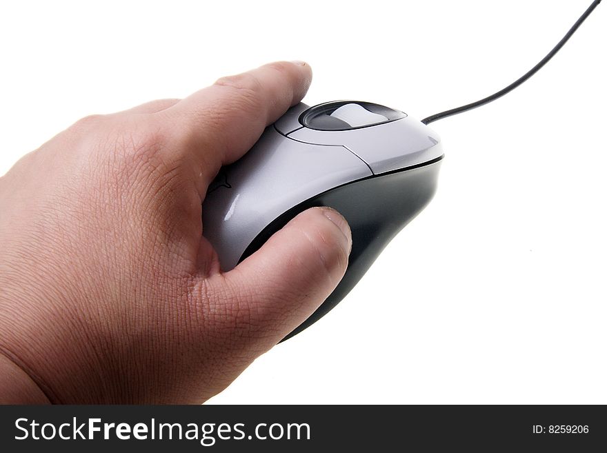 Computer mouse with hand on white