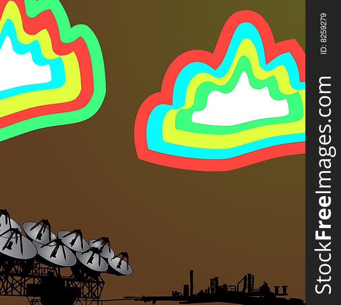 A large satellite site amongst rainbow color clouds. Fully scalable vector illustration. A large satellite site amongst rainbow color clouds. Fully scalable vector illustration.