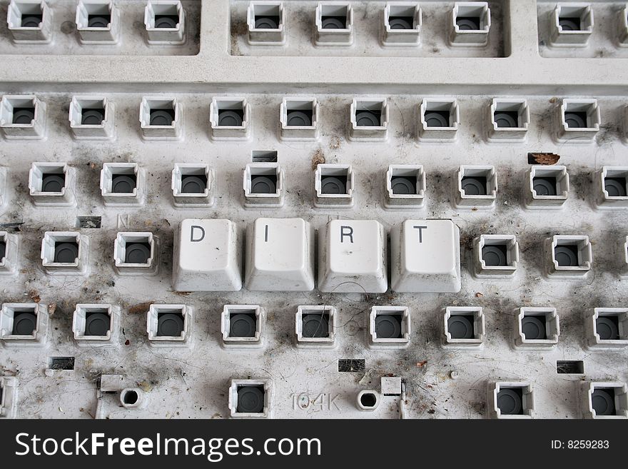 Dirty computer keyboard with dirt word made with keys. Dirty computer keyboard with dirt word made with keys