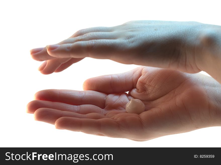 Two palms keep drop of cream for hands. Two palms keep drop of cream for hands