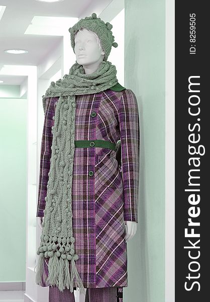 Dummy in the checkered coat, wool knitted hat with scarf, trousers. Dummy in the checkered coat, wool knitted hat with scarf, trousers